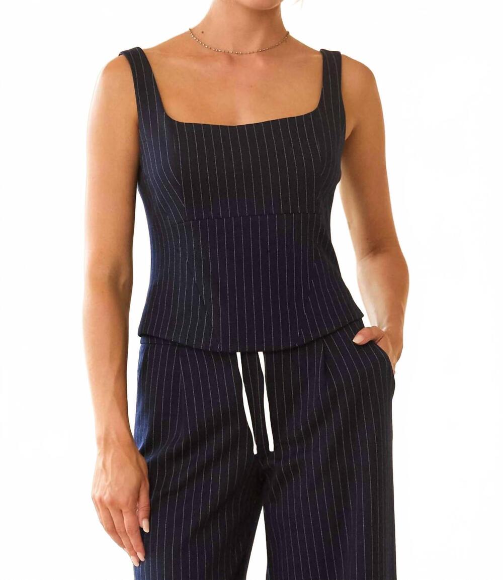 NEW SKIES ARE BLUE sleeveless pinstripe fitted top in navy-white